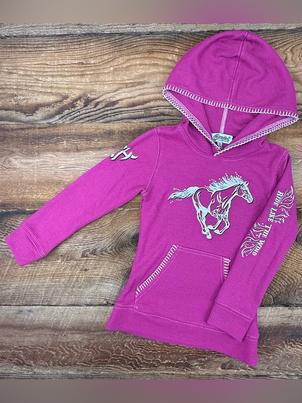 Girls' Magenta Hooded Thermal Top with Horse Graphic